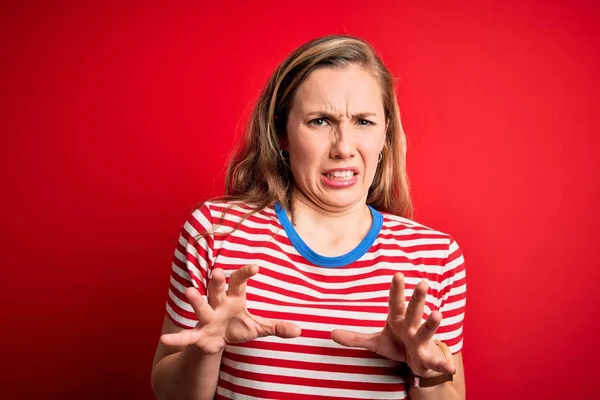 Young Beautiful Blonde Woman Wearing Casual Striped Shirt Isolated Red — Stok fotoğraf