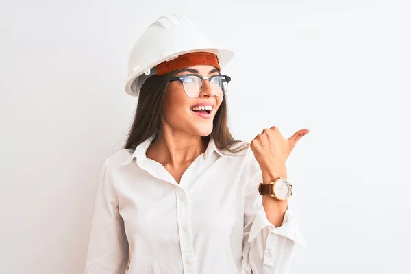 Jeune Belle Architecte Femme Portant Casque Lunettes Sur Fond Blanc — Photo