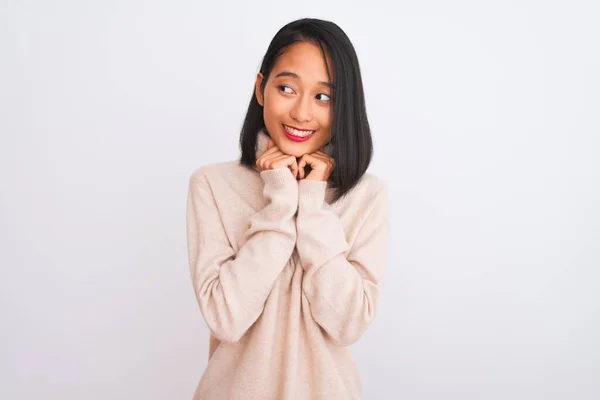 Young Chinese Woman Wearing Turtleneck Sweater Standing Isolated White Background — Stock Photo, Image