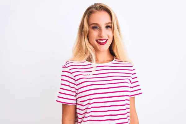 Young Beautiful Woman Wearing Pink Striped Shirt Standing Isolated White — 图库照片