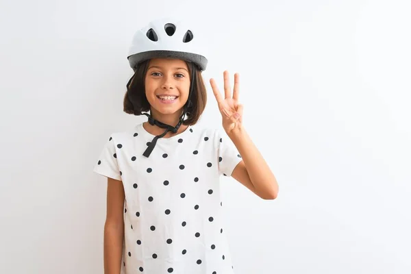 Gyönyörű Gyermek Lány Visel Biztonsági Kerékpáros Sisak Felett Áll Elszigetelt — Stock Fotó
