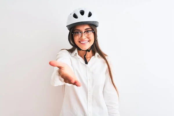 Beautiful Businesswoman Wearing Glasses Bike Helmet Isolated White Background Smiling — Stockfoto