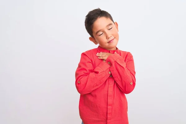 Beautiful Kid Boy Wearing Elegant Red Shirt Standing Isolated White — Stok fotoğraf