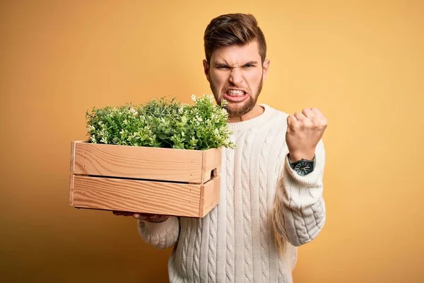 Young Blond Gardener Man Beard Blue Eyes Holding Wooden Box — ストック写真