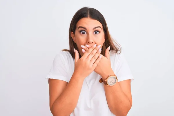 Portret Van Mooie Jonge Brunette Vrouw Staande Geïsoleerde Witte Achtergrond — Stockfoto