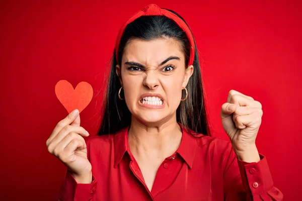 Young Beautiful Brunette Romantic Woman Holding Red Heart Paper Valentine — 스톡 사진