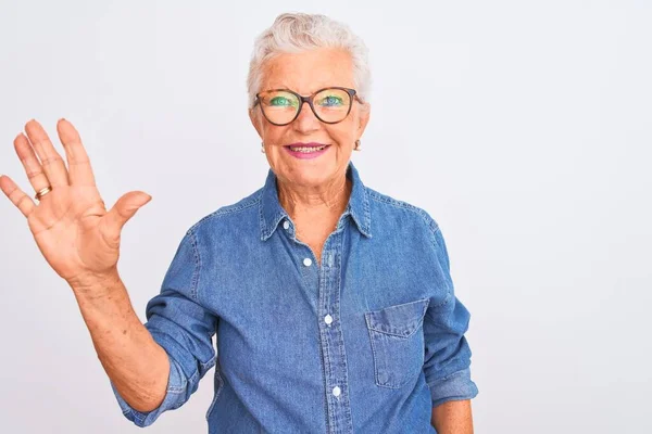 Senior Grijs Harige Vrouw Draagt Denim Shirt Bril Geïsoleerde Witte — Stockfoto