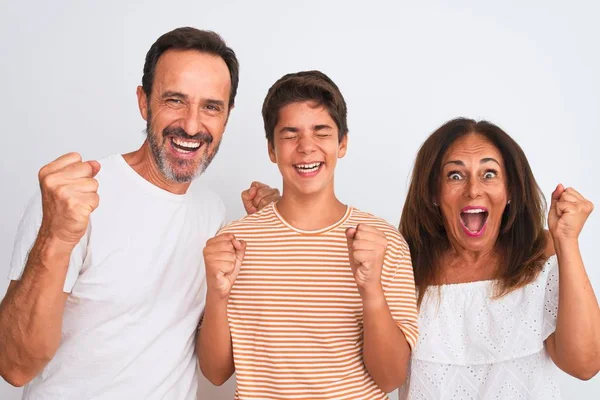 Family Three Mother Father Son Standing White Isolated Background Celebrating — Stockfoto