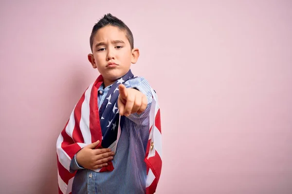 Young Little Patriotic Boy Kid Covered United States America Flag — Stockfoto