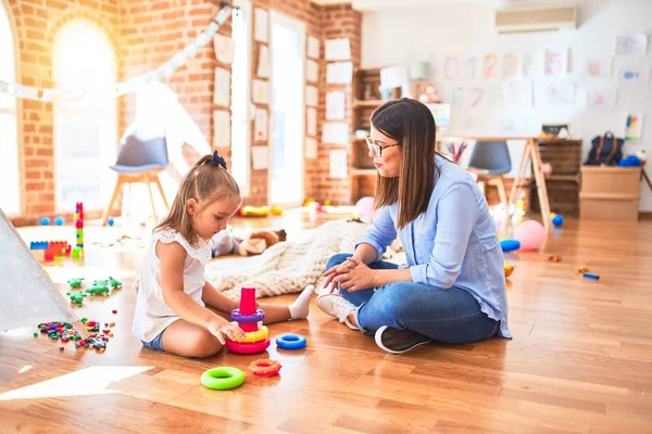 Caucasian Girl Kid Playing Learning Playschool Female Teacher Mother Daughter — Stock Photo, Image