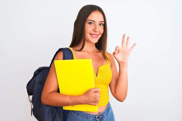 Beautiful Student Girl Wearing Backpack Holding Notebook Isolated White Background — ストック写真