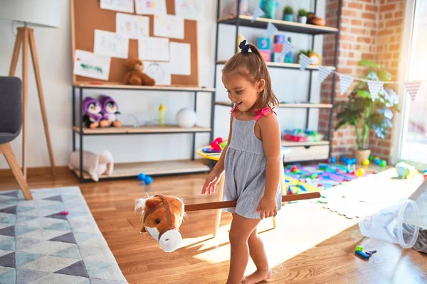 Young Beautiful Blonde Girl Kid Enjoying Play School Toys Kindergarten — Stock Photo, Image