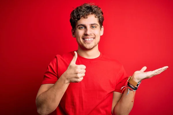 Young Blond Handsome Man Curly Hair Wearing Casual Shirt Red — Stok Foto