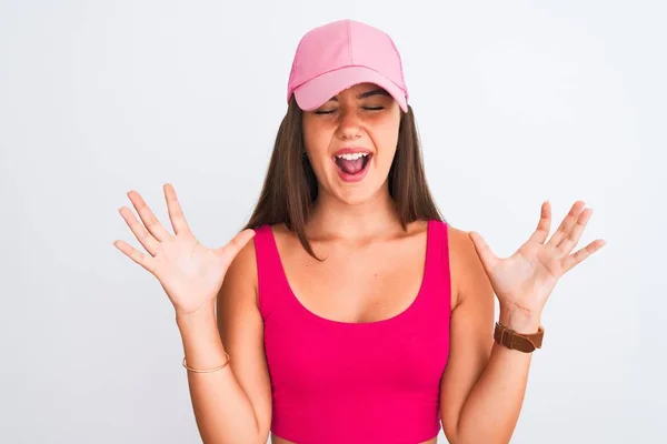 Young Beautiful Girl Wearing Pink Casual Shirt Cap Isolated White — 스톡 사진