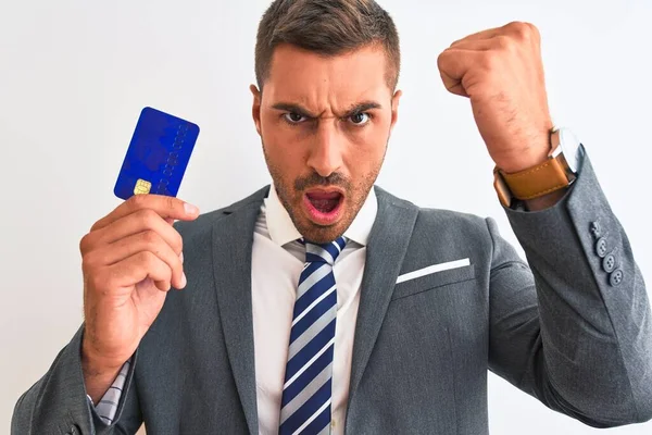 Young Handsome Business Man Holding Credit Card Isolated Background Annoyed — 图库照片