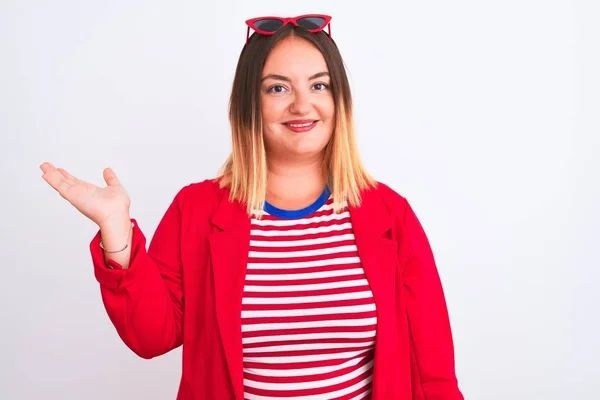 Young Beautiful Woman Wearing Striped Shirt Jacket Isolated White Background — 스톡 사진