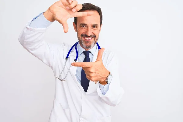 Middle Age Doctor Man Wearing Coat Stethoscope Standing Isolated White — 스톡 사진