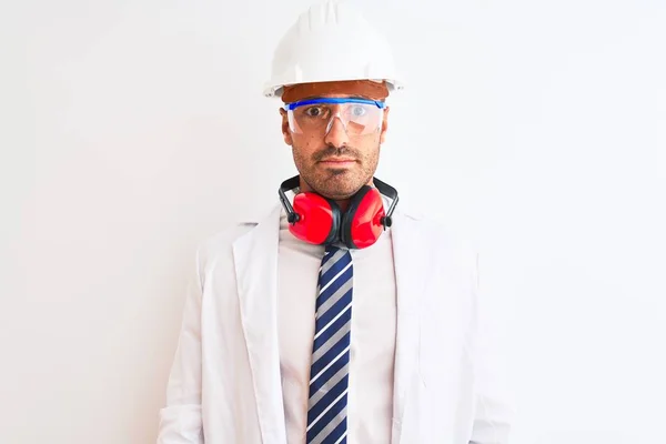 Young Chemist Man Wearing Security Helmet Headphones Isolated Background Serious — Stockfoto