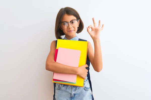 Schöne Studentin Kind Mädchen Trägt Rucksack Brille Bücher Über Isolierten — Stockfoto