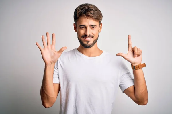 Young Handsome Man Beard Wearing Casual Shirt Standing White Background — 스톡 사진