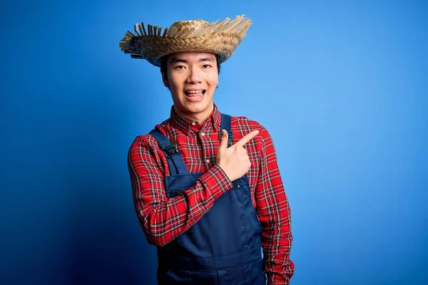 Young Handsome Chinese Farmer Man Wearing Apron Straw Hat Blue — Stock Photo, Image