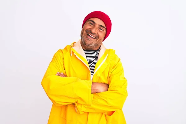 Middle Age Man Wearing Rain Coat Woolen Hat Standing Isolated — Stok fotoğraf