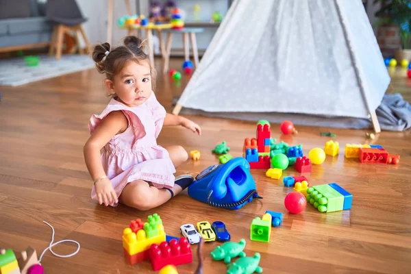 Young Beautiful Toddler Sitting Floor Playing Vintage Telephone Kindergaten — Stock Photo, Image