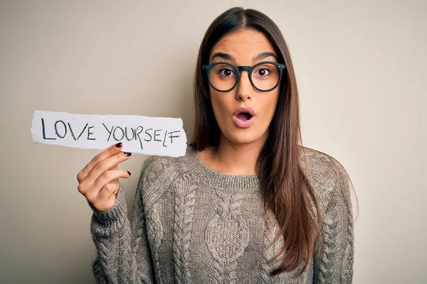 Young Beautiful Brunette Woman Wearing Glasses Holding Paper Love Yourself — Stock Photo, Image