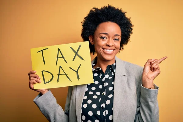 Young African American Afro Woman Curly Hair Holding Paper Tax — 스톡 사진