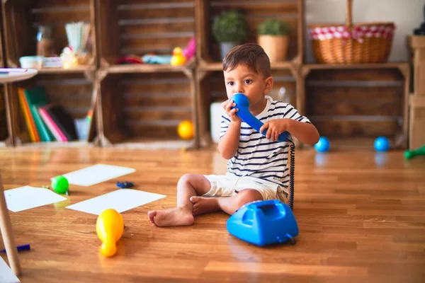 Beautiful Toddler Boy Playing Vintage Blue Phone Kindergarten — Stock Photo, Image