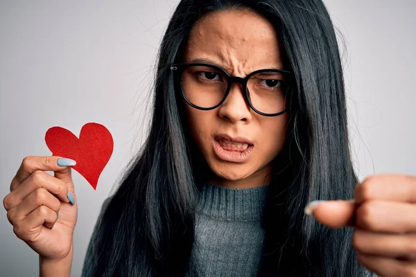 Young Beautiful Chinese Woman Holding Paper Heart Isolated White Background — 스톡 사진