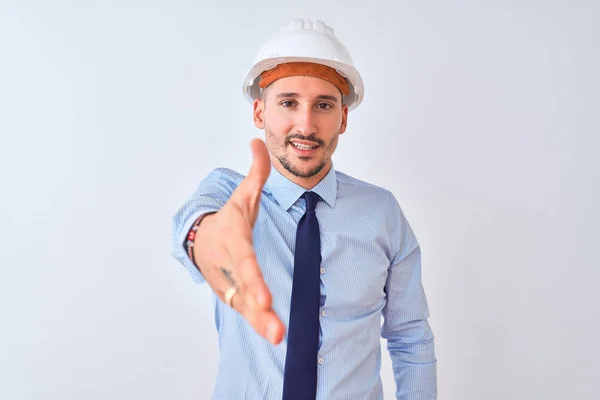 Young Business Man Wearing Contractor Safety Helmet Isolated Background Smiling — Stockfoto