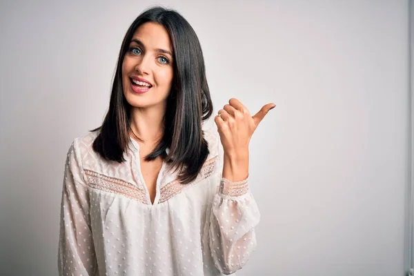 Young Brunette Woman Blue Eyes Wearing Casual Shirt Isolated White — Stockfoto