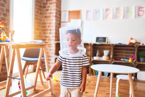 Beautiful Toddler Boy Playing Plastic Basket Kindergarten — Stock Photo, Image