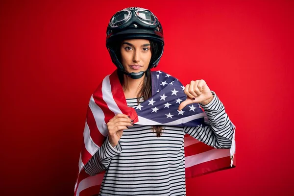 Young Beautiful Patriotic Motorcyclist Woman Wearing Moto Helmet United States — Stockfoto