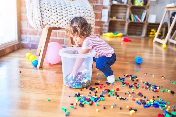 Young Beautiful Toddler Sitting Floor Playing Small Building Blocks Toy — Stock Photo, Image