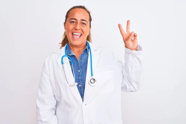 Middle Age Mature Doctor Woman Wearing Stethoscope Isolated Background Smiling — Stock Photo, Image