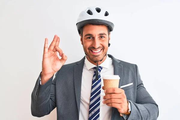 Young Handsome Business Man Wearing Bike Helmet Take Away Coffee — 스톡 사진