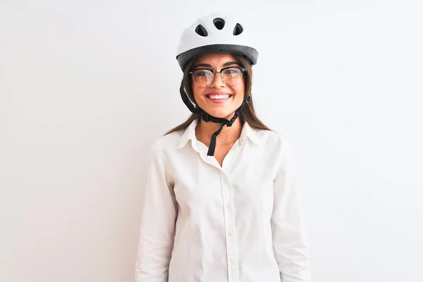 Beautiful Businesswoman Wearing Glasses Bike Helmet Isolated White Background Happy — 图库照片