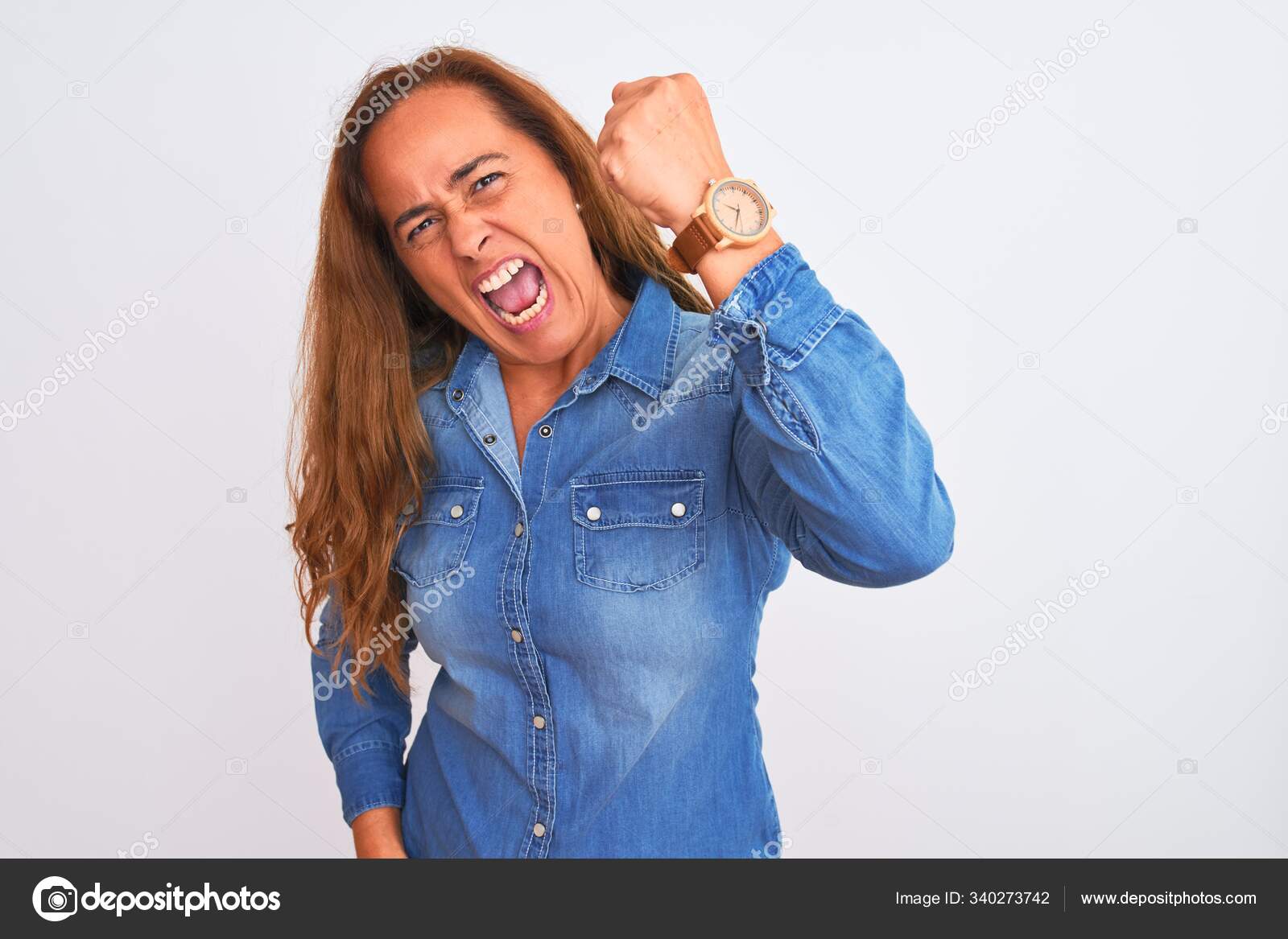 Middle Age Mature Woman Wearing Denim Jacket Standing White Isolated —  Stock Photo © Krakenimages.com #340273742