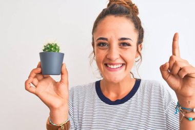 Elinde kaktüs saksısı tutan genç kızıl saçlı kadın bir fikir ya da soru işareti ile şaşırdı.