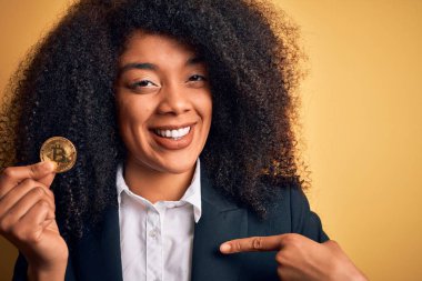 Afro saçlı, sarı arka planda bitcoin tutan, sürpriz yüzlü, kendini gösteren Afro-Amerikan iş kadını.