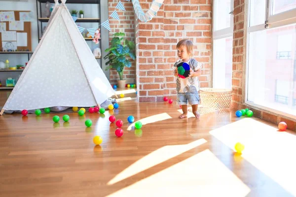 Adorable Toddler Playing Balls Lots Toys Kindergarten — Stock Photo, Image