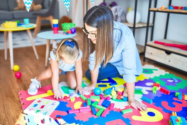 Caucasian Girl Kid Playing Learning Playschool Female Teacher Mother Daughter — Stock Photo, Image