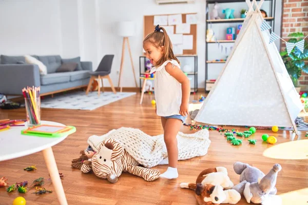 Young Beautiful Blonde Girl Kid Enjoying Play School Toys Kindergarten — Stock Photo, Image