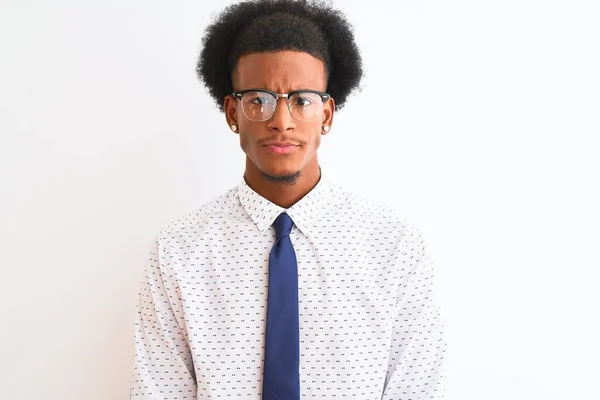 Young African American Businessman Wearing Tie Glasses Isolated White Background — 스톡 사진