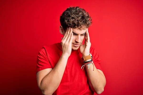 Young Blond Handsome Man Curly Hair Wearing Casual Shirt Red — 스톡 사진