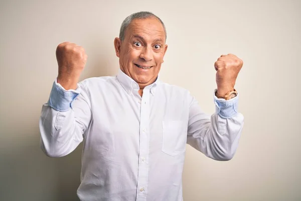 Senior Handsome Businessman Wearing Elegant Shirt Standing Isolated Pink Background — Stock Photo, Image