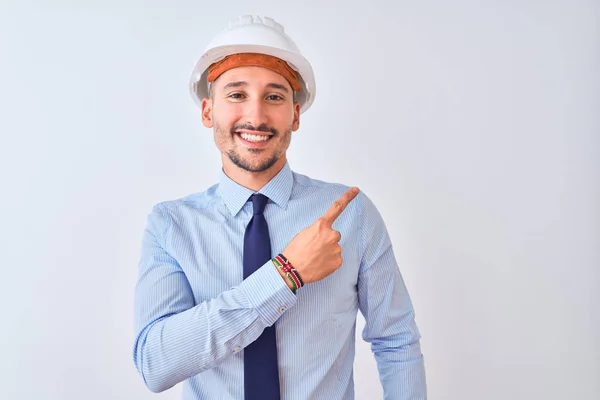 Junger Geschäftsmann Mit Bauunternehmer Schutzhelm Vor Isoliertem Hintergrund Mit Einem — Stockfoto