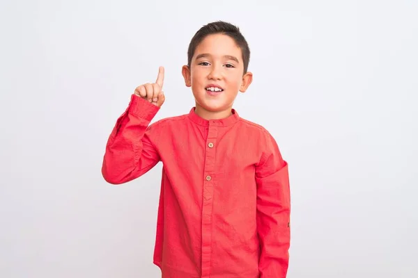 Beautiful Kid Boy Wearing Elegant Red Shirt Standing Isolated White — 스톡 사진